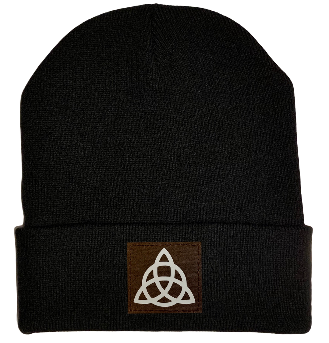 Beanie - Black, cuffed Beanie with triquetra Celtic knot vegan leather patch by buddha gear