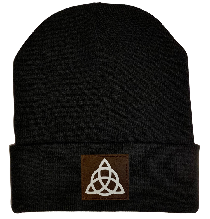 Beanie - Black, cuffed Beanie with triquetra Celtic knot vegan leather patch by buddha gear