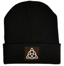 Load image into Gallery viewer, Beanie - Black, cuffed Beanie with triquetra Celtic knot vegan leather patch by buddha gear