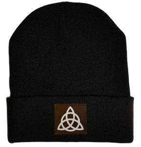 Beanie - Black, cuffed Beanie with triquetra Celtic knot vegan leather patch by buddha gear