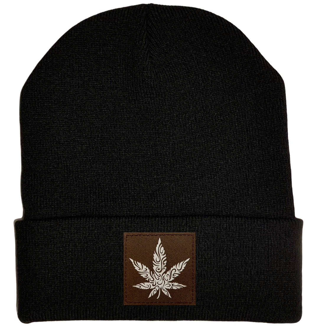 Beanie - Black, cuffed Beanie with cannabis vegan leather patch plant medicine by buddha gear