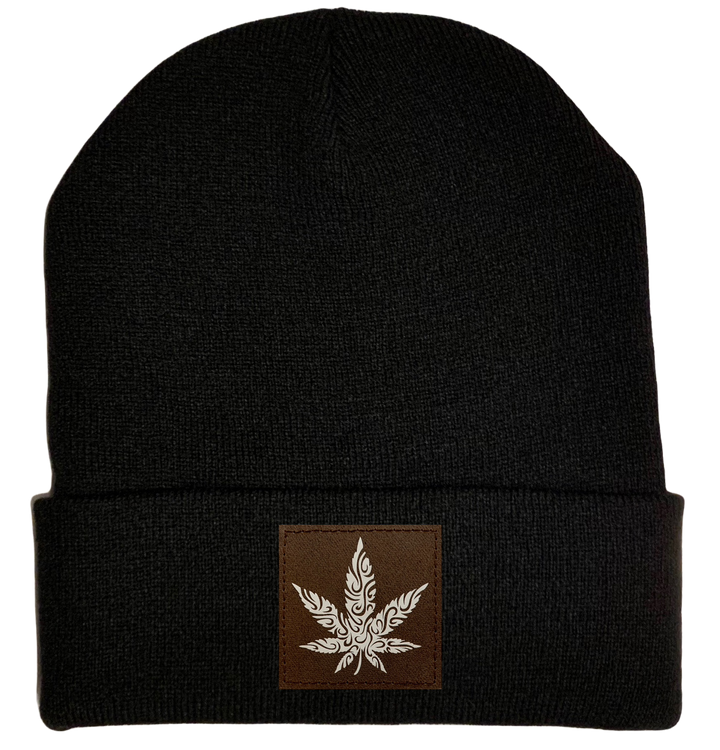 Beanie - Black, cuffed Beanie with cannabis vegan leather patch plant medicine by buddha gear
