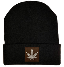 Load image into Gallery viewer, Beanie - Black, cuffed Beanie with cannabis vegan leather patch plant medicine by buddha gear