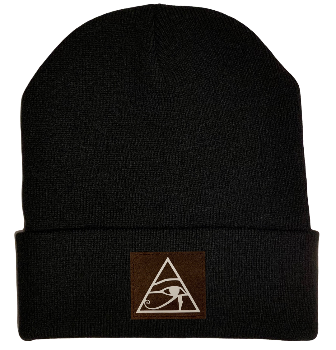 Beanie - Black, cuffed Beanie with eye of horus patch vegan leather by buddha gear