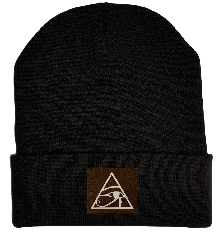 Beanie - Black, cuffed Beanie with eye of horus patch vegan leather by buddha gear