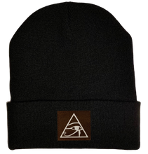 Load image into Gallery viewer, Beanie - Black, cuffed Beanie with eye of horus patch vegan leather by buddha gear