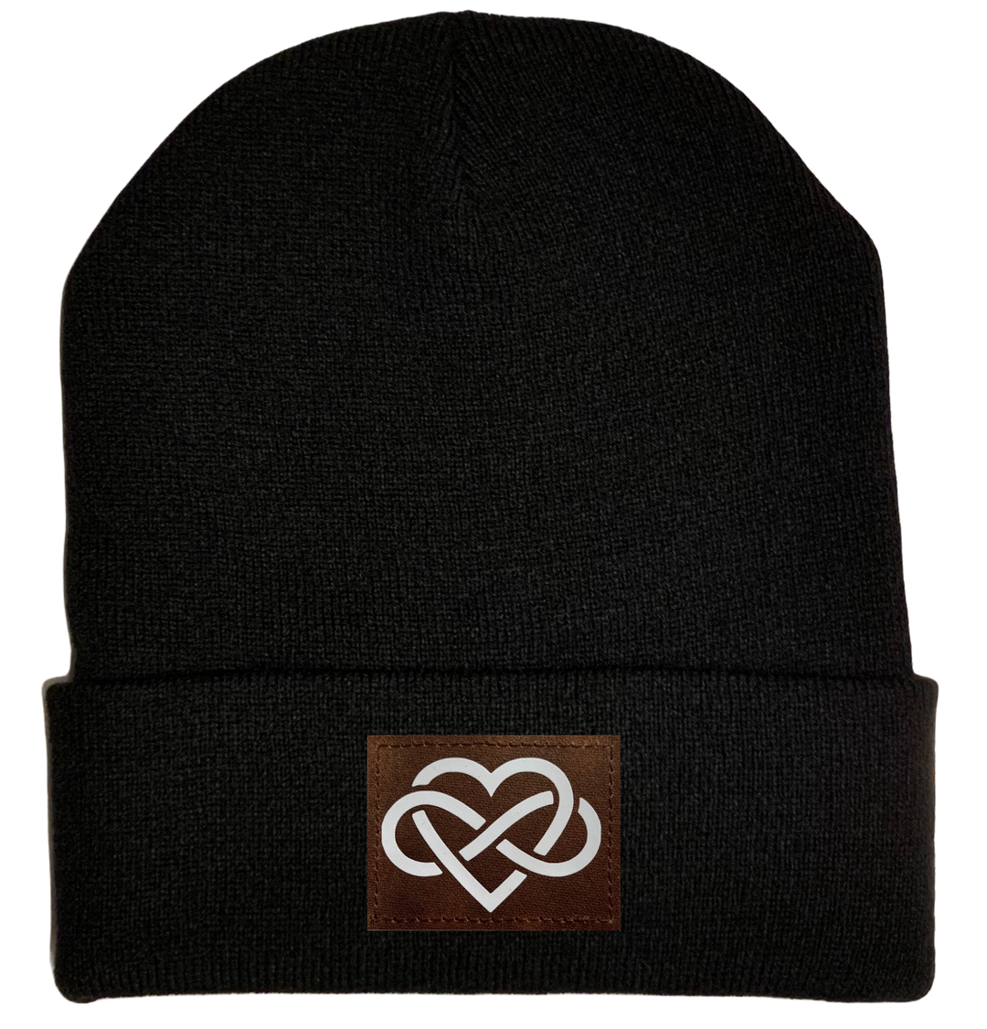 Beanie - Black, cuffed Beanie with vegan leather infinite love buddha gear 