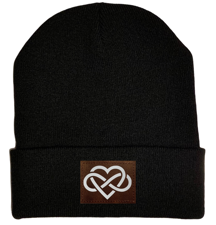 Beanie - Black, cuffed Beanie with vegan leather infinite love buddha gear 