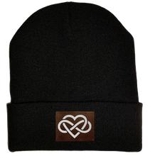 Load image into Gallery viewer, Beanie - Black, cuffed Beanie with vegan leather infinite love buddha gear 