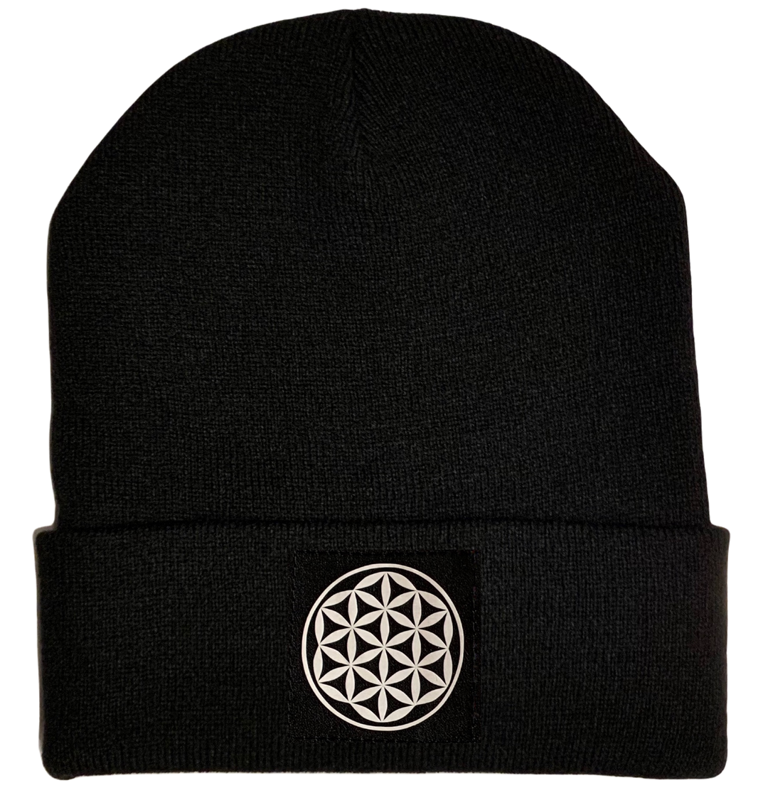 Black Beanie with Flower of life vegan leather yoga patch over your third eye by buddha gear