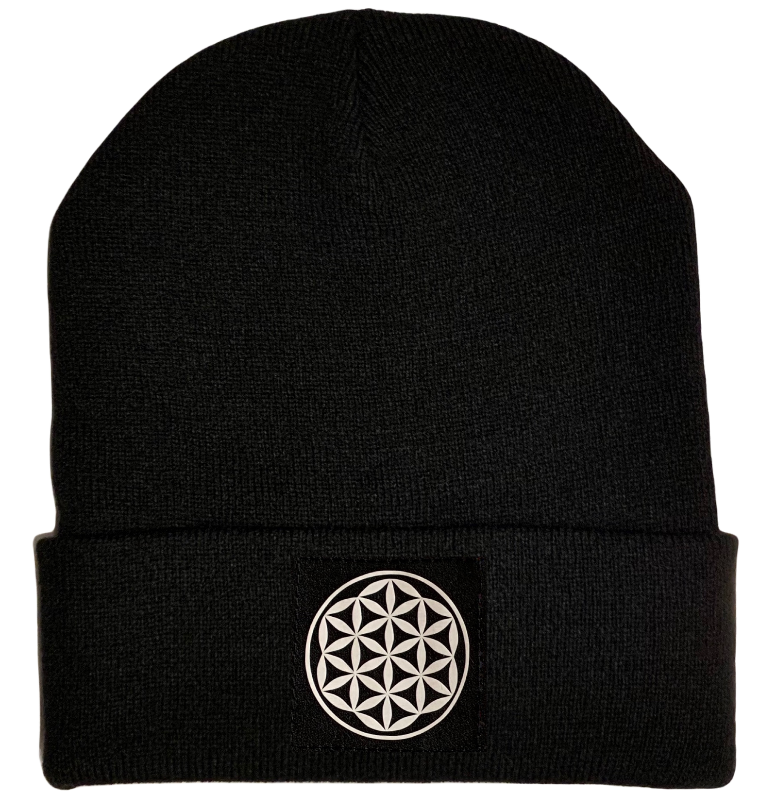 Black Beanie with Flower of life vegan leather yoga patch over your third eye by buddha gear
