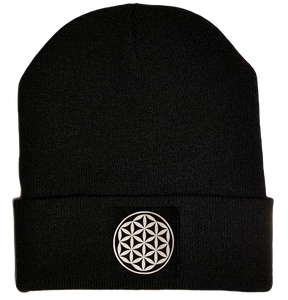 Black Beanie with Flower of life vegan leather yoga patch over your third eye by buddha gear