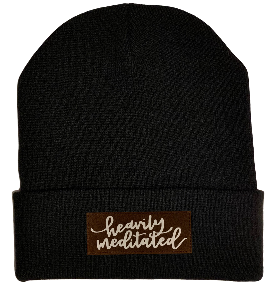 Beanie - Black, cuffed Beanie with vegan leather meditation patch yoga hat by buddha gear