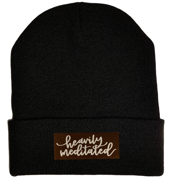 Beanie - Black, cuffed Beanie with vegan leather meditation patch yoga hat by buddha gear
