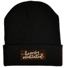 Load image into Gallery viewer, Beanie - Black, cuffed Beanie with vegan leather meditation patch yoga hat by buddha gear