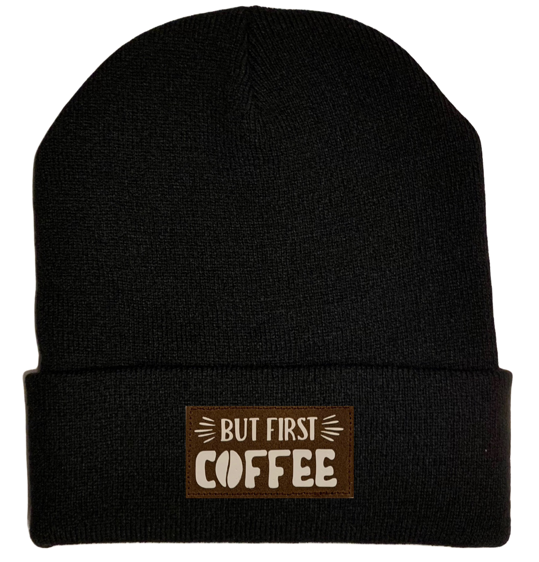 Beanie - Black, cuffed Beanie with coffee vegan leather patch by yoga buddha gear