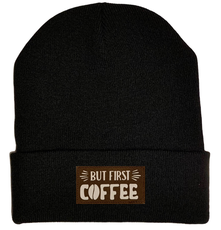 Beanie - Black, cuffed Beanie with coffee vegan leather patch by yoga buddha gear