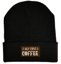 Load image into Gallery viewer, Beanie - Black, cuffed Beanie with coffee vegan leather patch by yoga buddha gear
