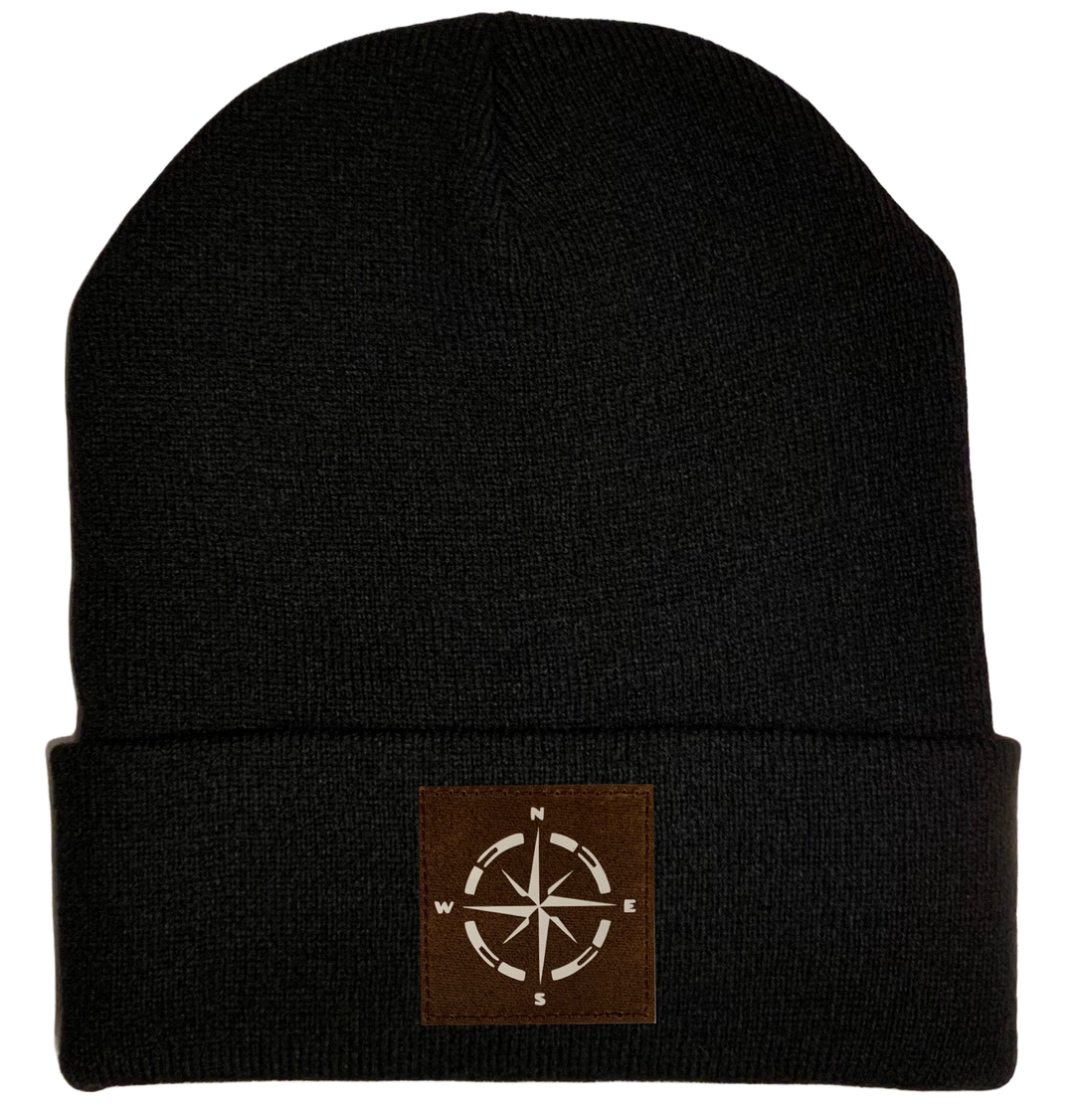 Beanie - Black, cuffed Beanie with camping compass vegan leather by buddha gear 