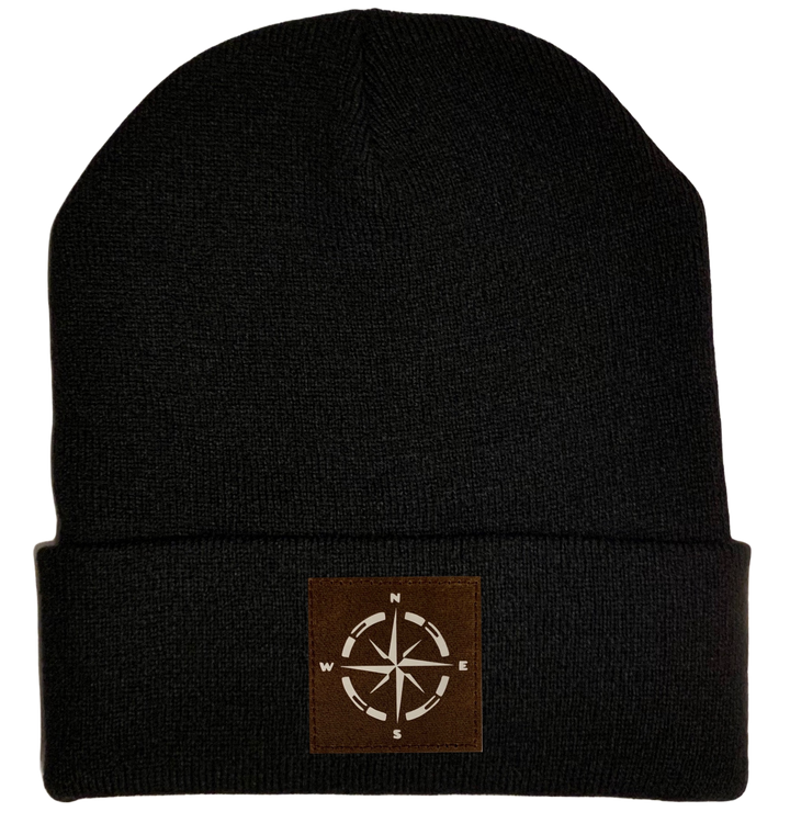 Beanie - Black, cuffed Beanie with camping compass vegan leather by buddha gear 