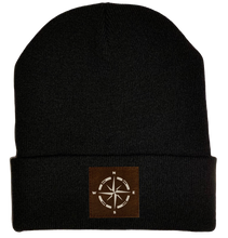 Load image into Gallery viewer, Beanie - Black, cuffed Beanie with camping compass vegan leather by buddha gear 