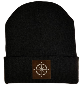 Beanie - Black, cuffed Beanie with camping compass vegan leather by buddha gear 