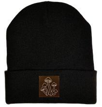 Load image into Gallery viewer, Beanie - Black, cuffed Beanie with mushrooms plant medicine vegan leather patch by buddha gear 