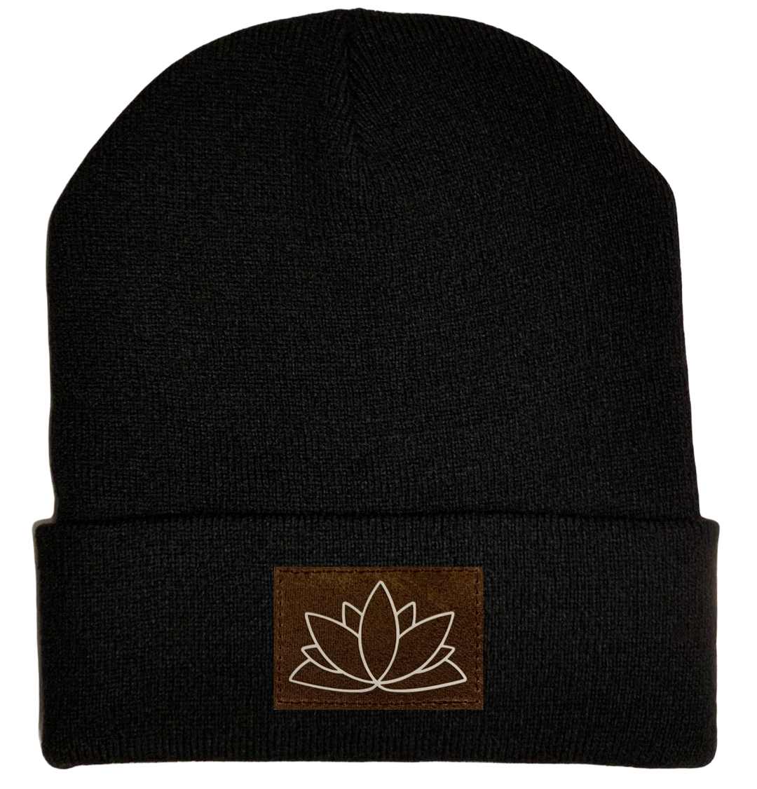 Beanie - Black, cuffed Beanie with lotus yoga hat