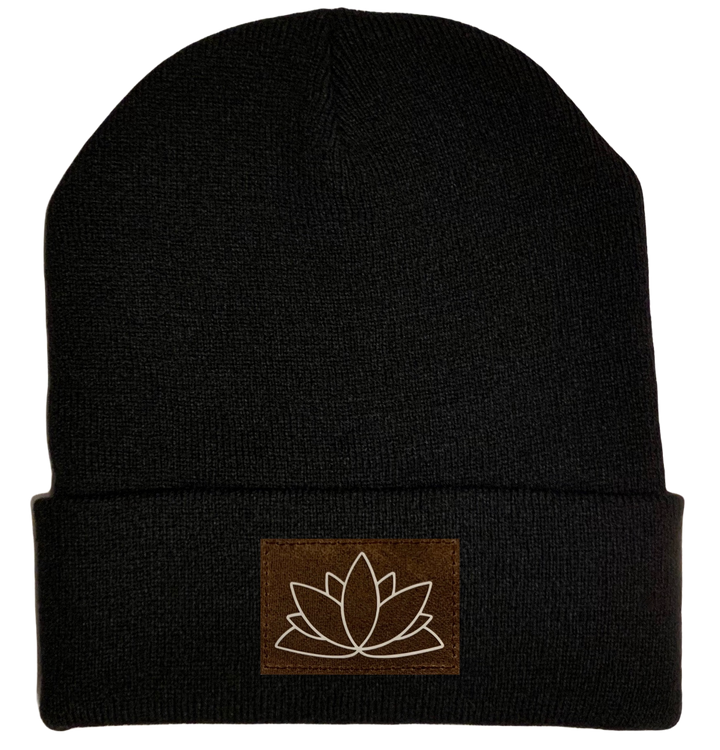 Beanie - Black, cuffed Beanie with lotus yoga hat