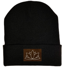 Load image into Gallery viewer, Beanie - Black, cuffed Beanie with lotus yoga hat