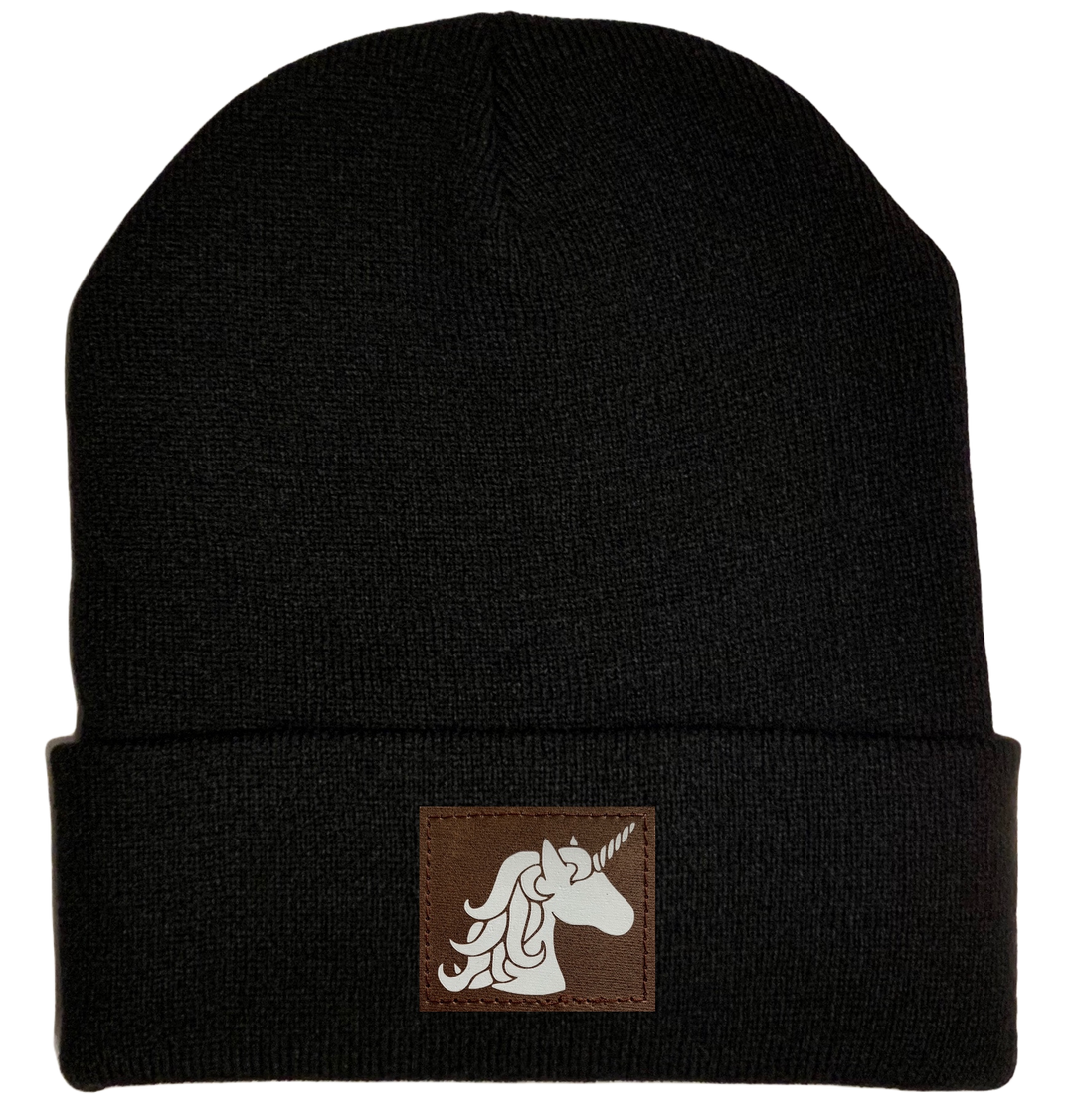 Beanie - Black, cuffed Beanie with unicorn buddha gear 
