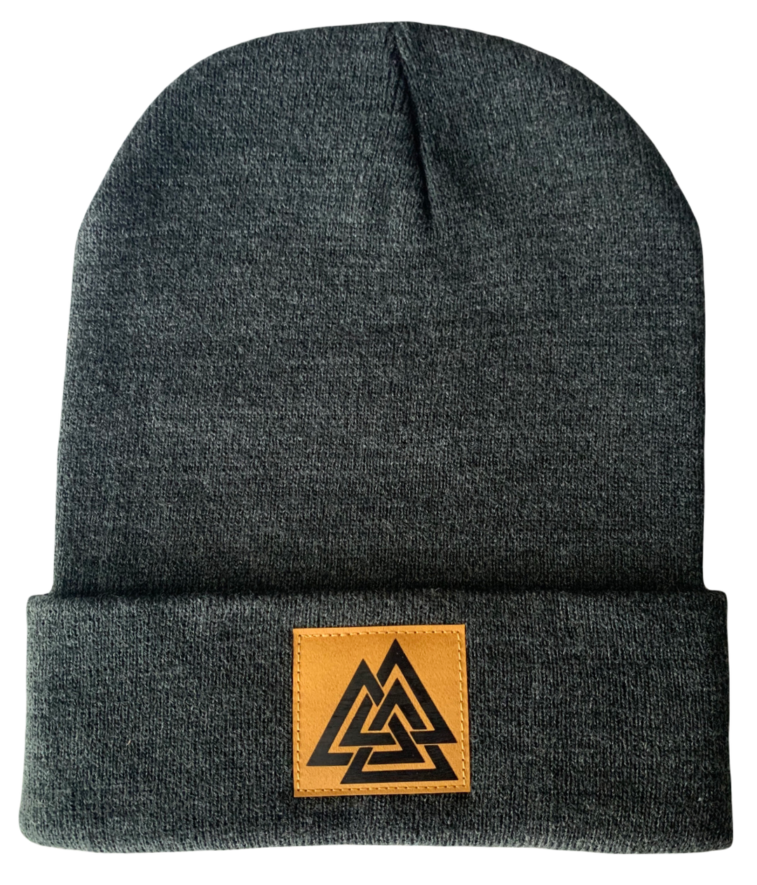 Charcoal Grey Beanie with Hand Made Mustard and Black, Vegan Leather Valknut Symbol