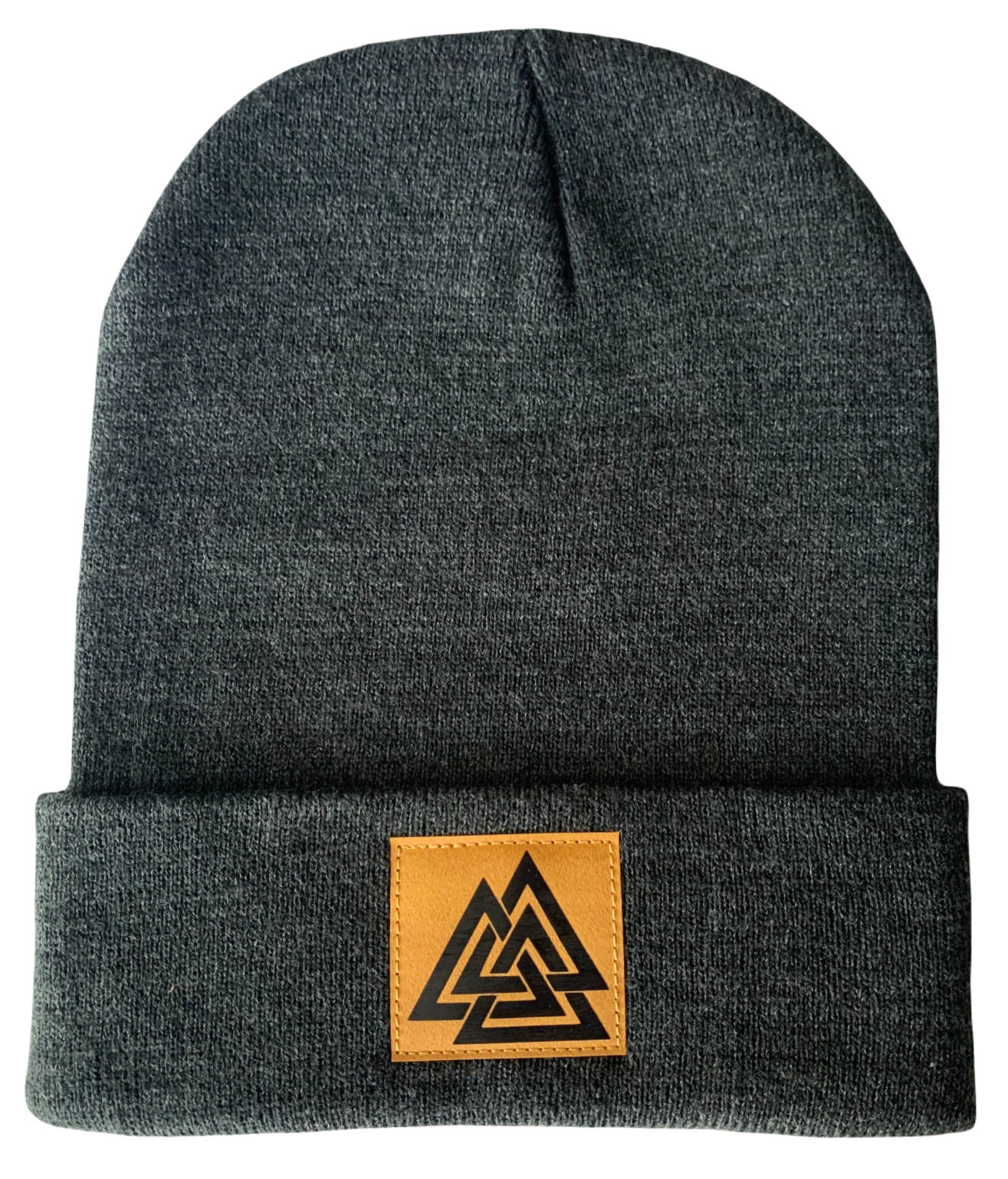 Charcoal Grey Beanie with Hand Made Mustard and Black, Vegan Leather Valknut Symbol