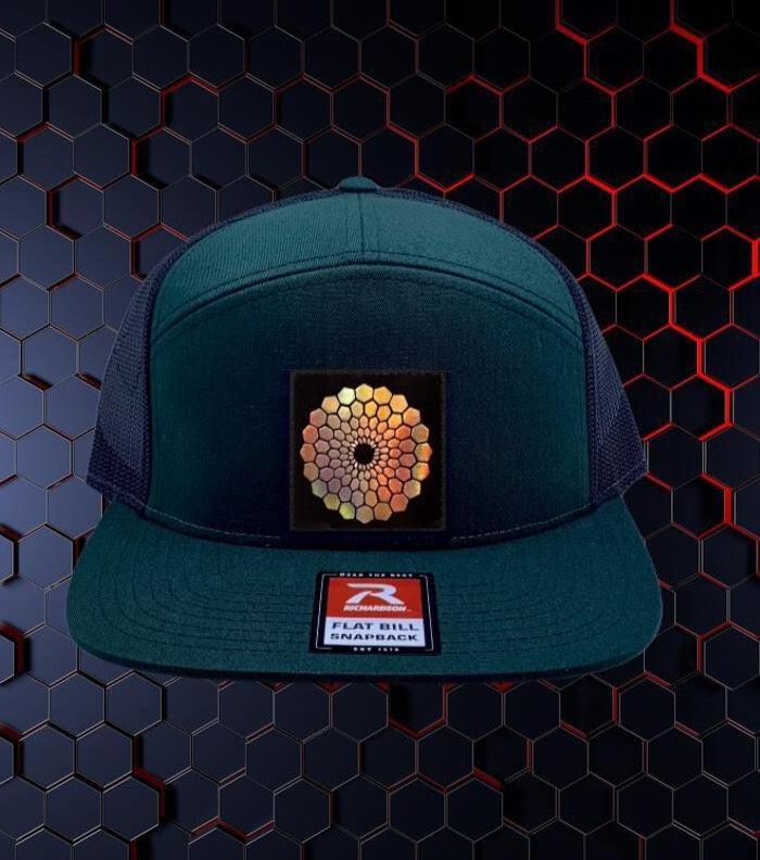 Green Flatbill Trucker Hat by Buddha Gear w Beehive Buds CBD Logo