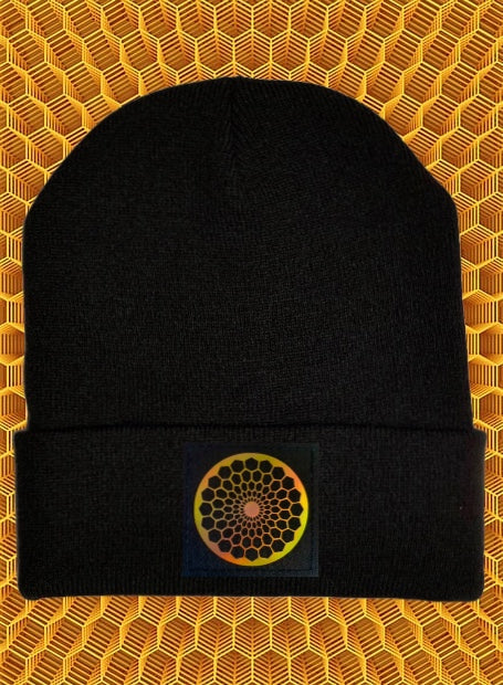Black cuffed beanie by Buddha Gear w Beehive Buds CBD logo