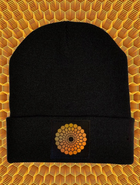 Black cuffed beanies by Buddha Gear w Beehive Buds CBD logo