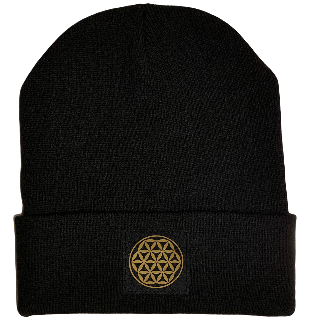 Beanie - Black Beanie with Black and Gold Vegan Leather Flower of Life Symbol over your Third Eye