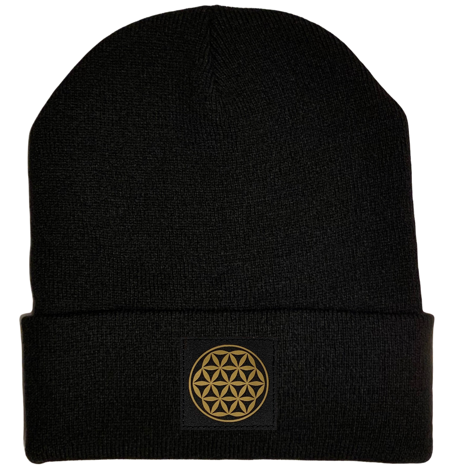 Beanie - Black Beanie with Black and Gold Vegan Leather Flower of Life Symbol over your Third Eye