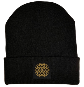Beanie - Black Beanie with Black and Gold Vegan Leather Flower of Life Symbol over your Third Eye