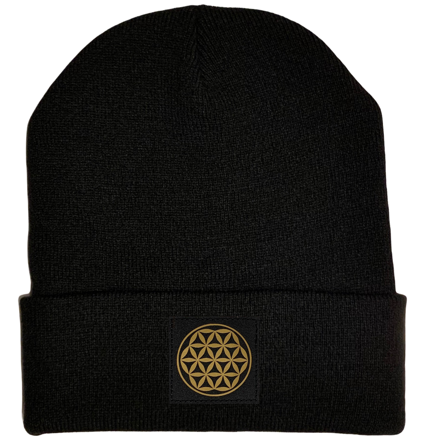 Beanie - Black Beanie with Black and Gold Vegan Leather Flower of Life Symbol over your Third Eye
