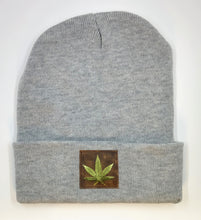 Load image into Gallery viewer, Cannabis Beanie -Light Grey Buddha Beanie with hand made Cannabis Leaf over your third eye by Buddha  Gear