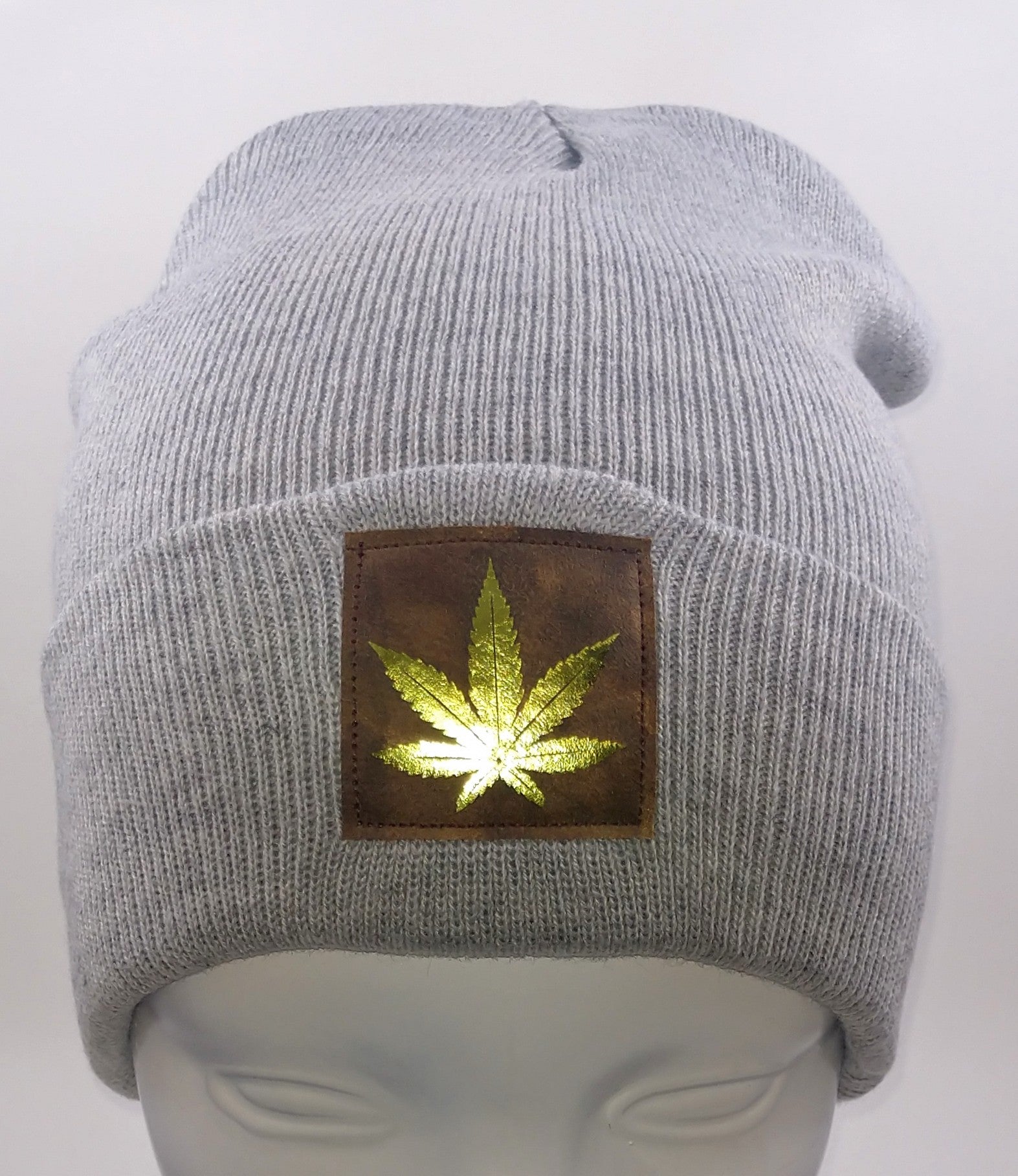 Cannabis Beanie -Light Grey Buddha Beanie with hand made Cannabis Leaf over your third eye by Buddha Gear