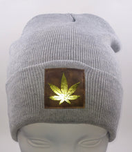 Load image into Gallery viewer, Cannabis Beanie -Light Grey Buddha Beanie with hand made Cannabis Leaf over your third eye by Buddha Gear