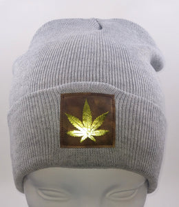 Cannabis Beanie -Light Grey Buddha Beanie with hand made Cannabis Leaf over your third eye by Buddha Gear