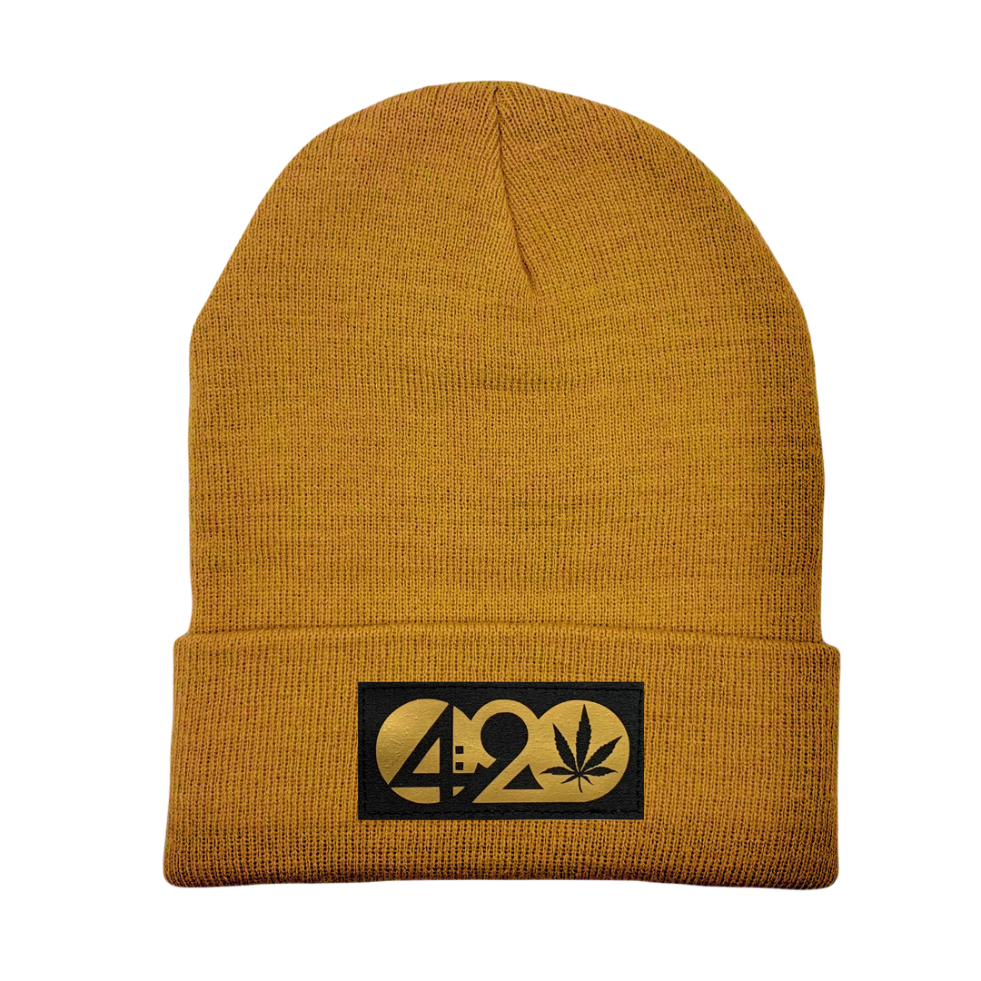 Beanie - Carmel Brown with Hand Made, Vegan Leather 420 Patch by Buddha Gear 