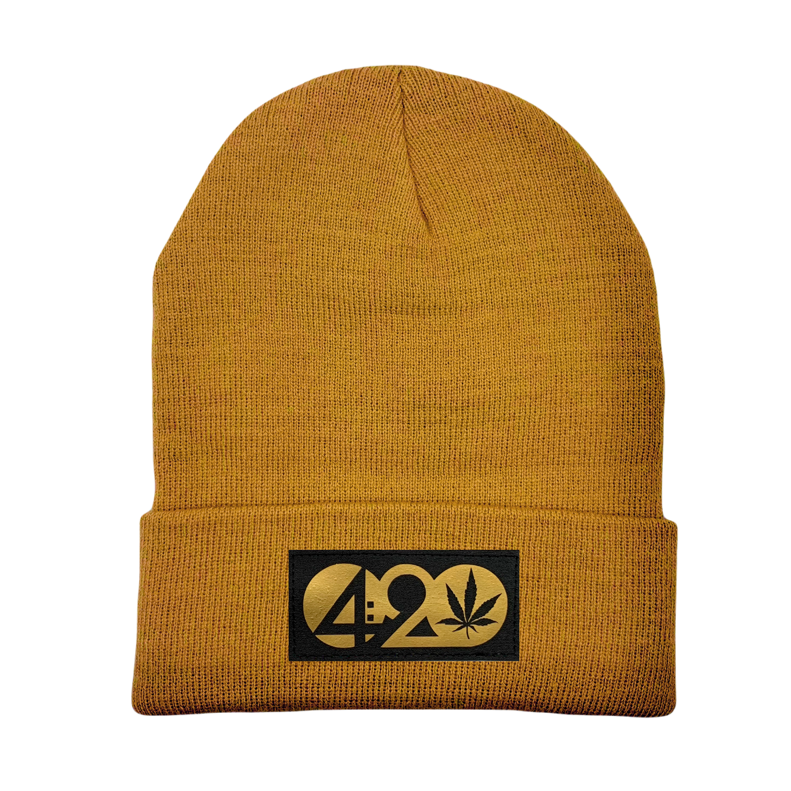 Beanie - Carmel Brown with Hand Made, Vegan Leather 420 Patch by Buddha Gear 