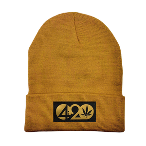 Beanie - Carmel Brown with Hand Made, Vegan Leather 420 Patch by Buddha Gear 