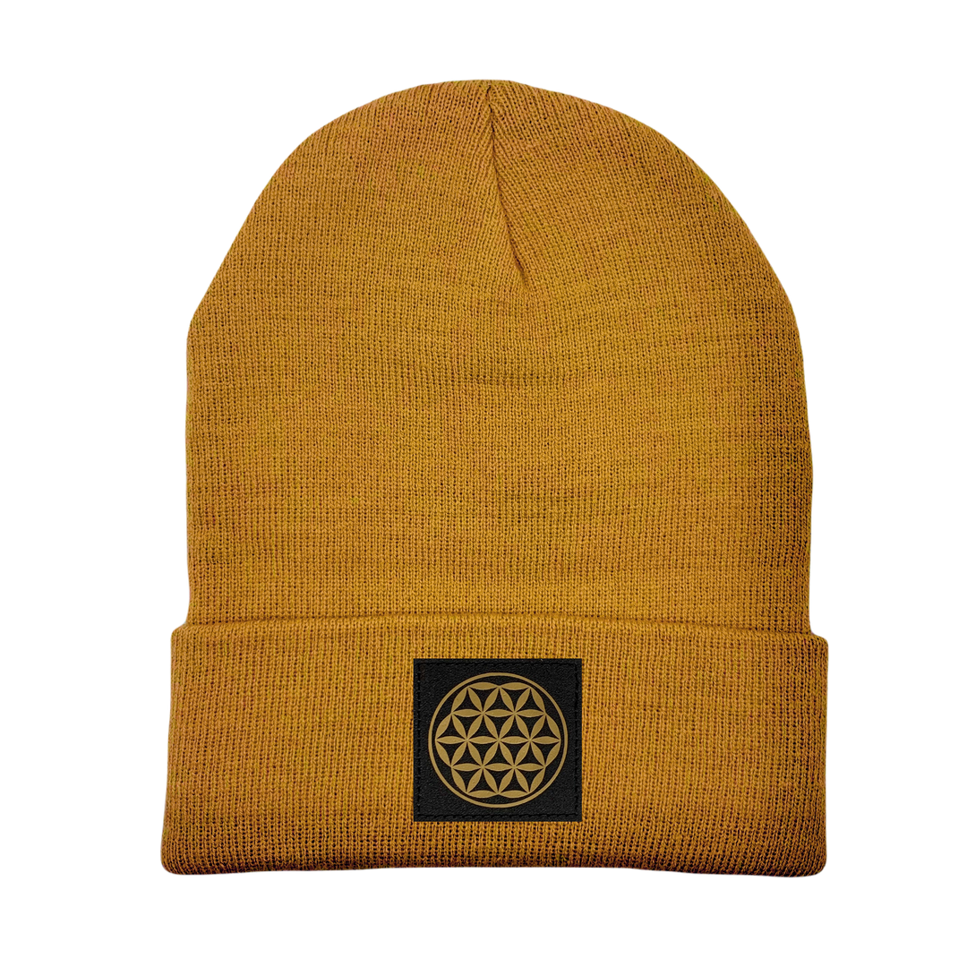 Beanie - Carmel Brown with Hand Made, Vegan Leather Flower of Life Patch