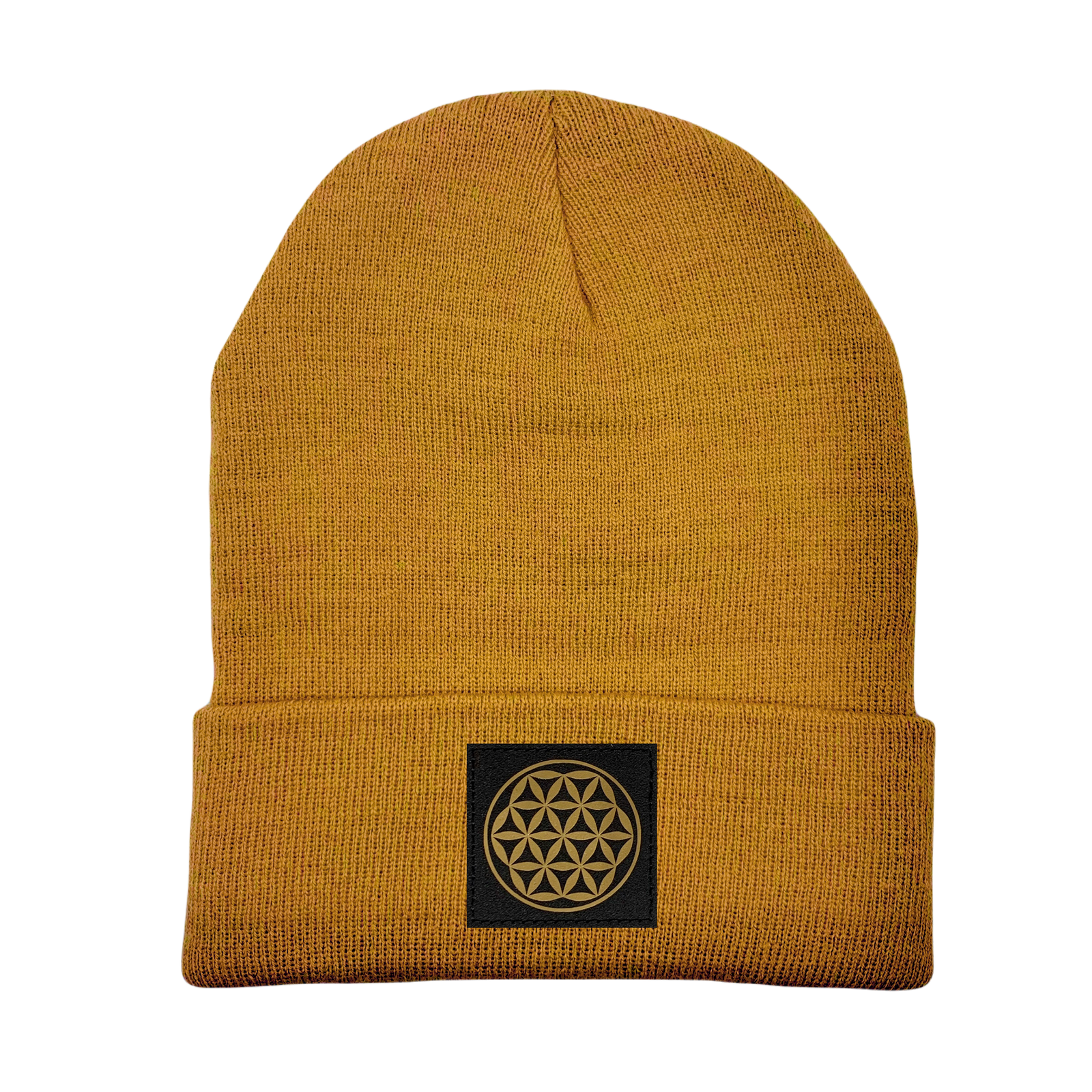 Beanie - Carmel Brown with Hand Made, Vegan Leather Flower of Life Patch