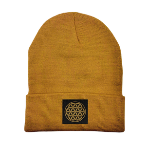 Beanie - Carmel Brown with Hand Made, Vegan Leather Flower of Life Patch